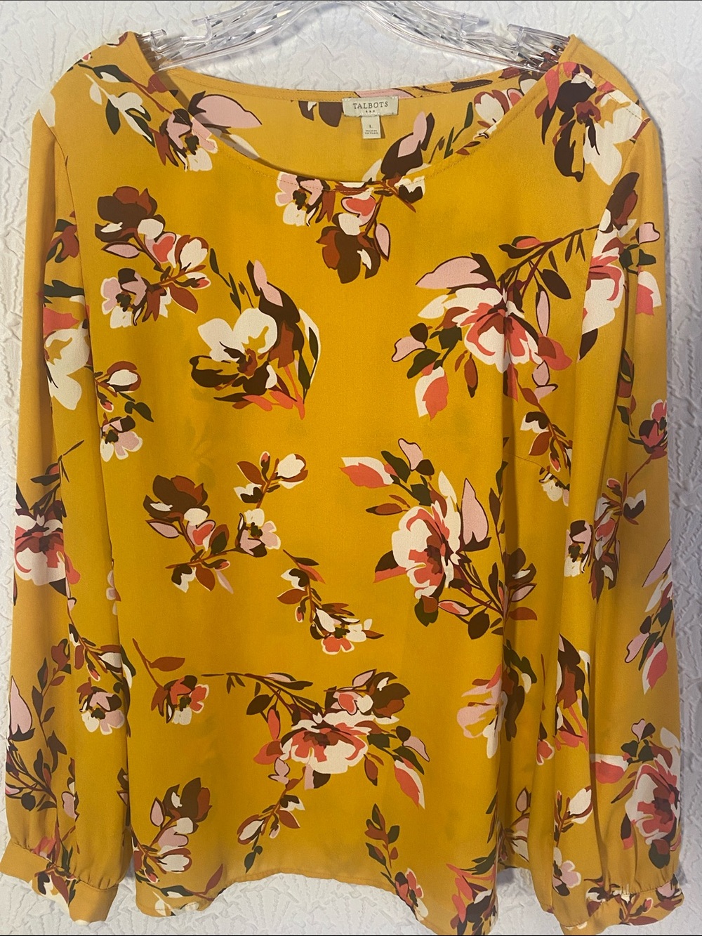 Talbots Gentle Mustard Floral Blouse with Pink and Brown Accents size L Fanciful